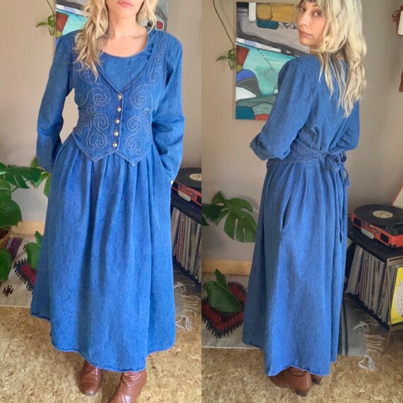 80s-90s vintage denim embroidered vest midi dress