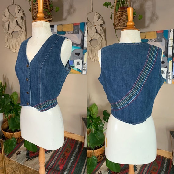 80s vintage rainbow embroidered denim jean vest
