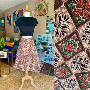 50-60s Vintage handgemachter Tellerrock mit Schnickschnack-Print