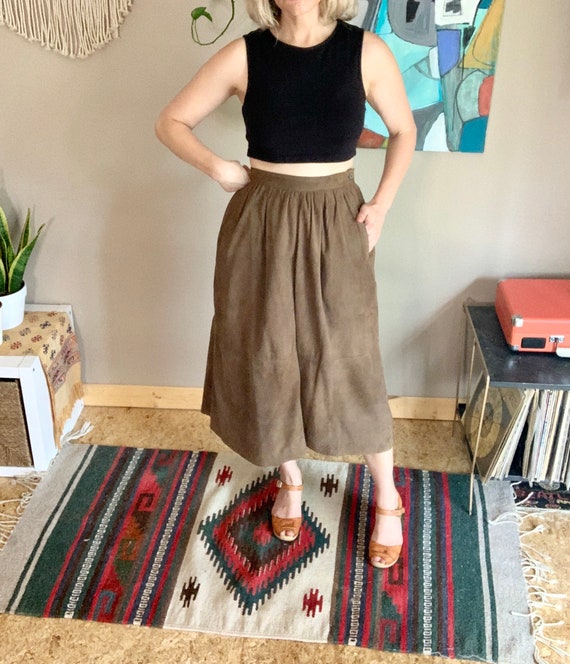 Vintage brown suede leather pleated midi skirt boh