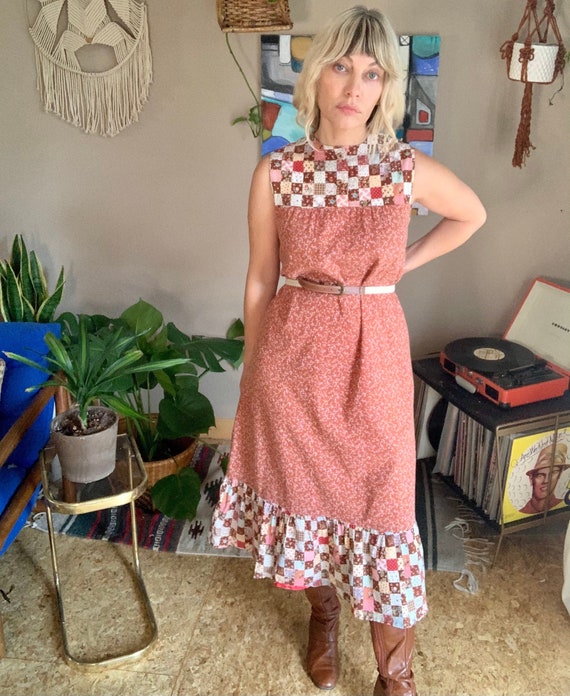 70s vintage handmade patchwork midis prairie dress