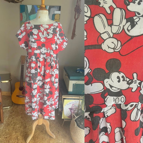 Handmade babydoll dress made from 80s vintage Mickey Mouse sheets