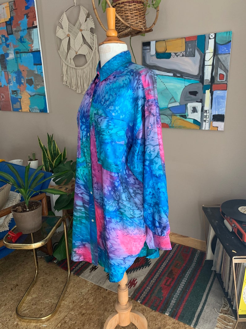 90s vintage tie dye pastel oversized button front blouse