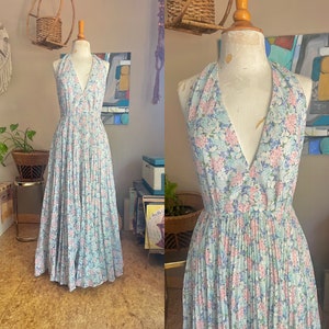 70s-80s vintage floral halter maxi dress with pleated skirt union made in USA