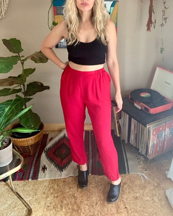 80s-90s Vintage Red Rayon High Waist 
