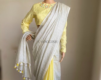 Pure linen saree with stitched blouse | saree with readymade blouse | sarees USA , sari , womens sarees,cotton sarees,