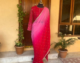 Pink georgette chiffon silk saree with hand work blouse/ombre saree with ready blouse | sarees USA |orange pink silk saree /designer saree