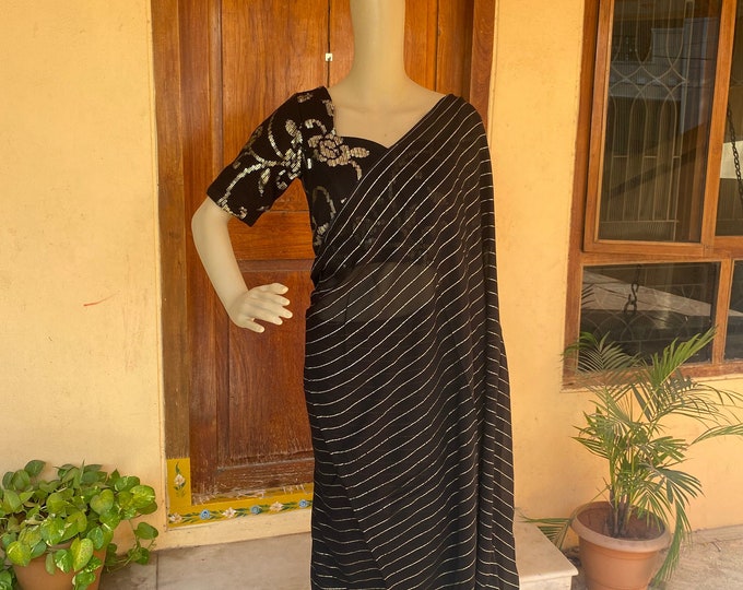 Ebony & Ivory Georgette Saree With Beaded Border and Self Fabric Blouse Fabric