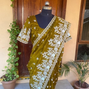 Embroidery organza saree | floral chikan organza silk saree with blouse |green silk saree | mehendi outfit  |sarees USA|organza saree blouse