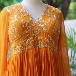 Women Orange Full Sleeve Cotton Anarkali Kurta With Net Work At Yoke main image 0