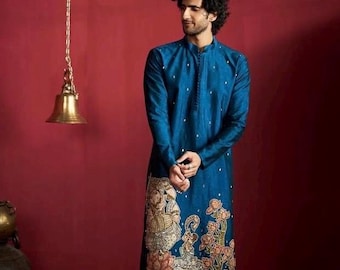 Handbemalte Kalamkari Seide Kurta Set: Indische Bräutigam Hochzeitskleidung
