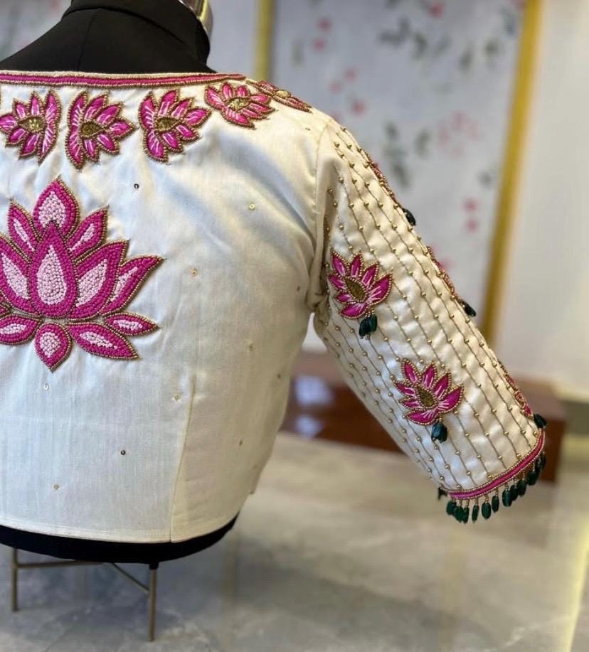 Hand Embroidered Silk Blouse: Cream Zardosi Maggam Work - Etsy