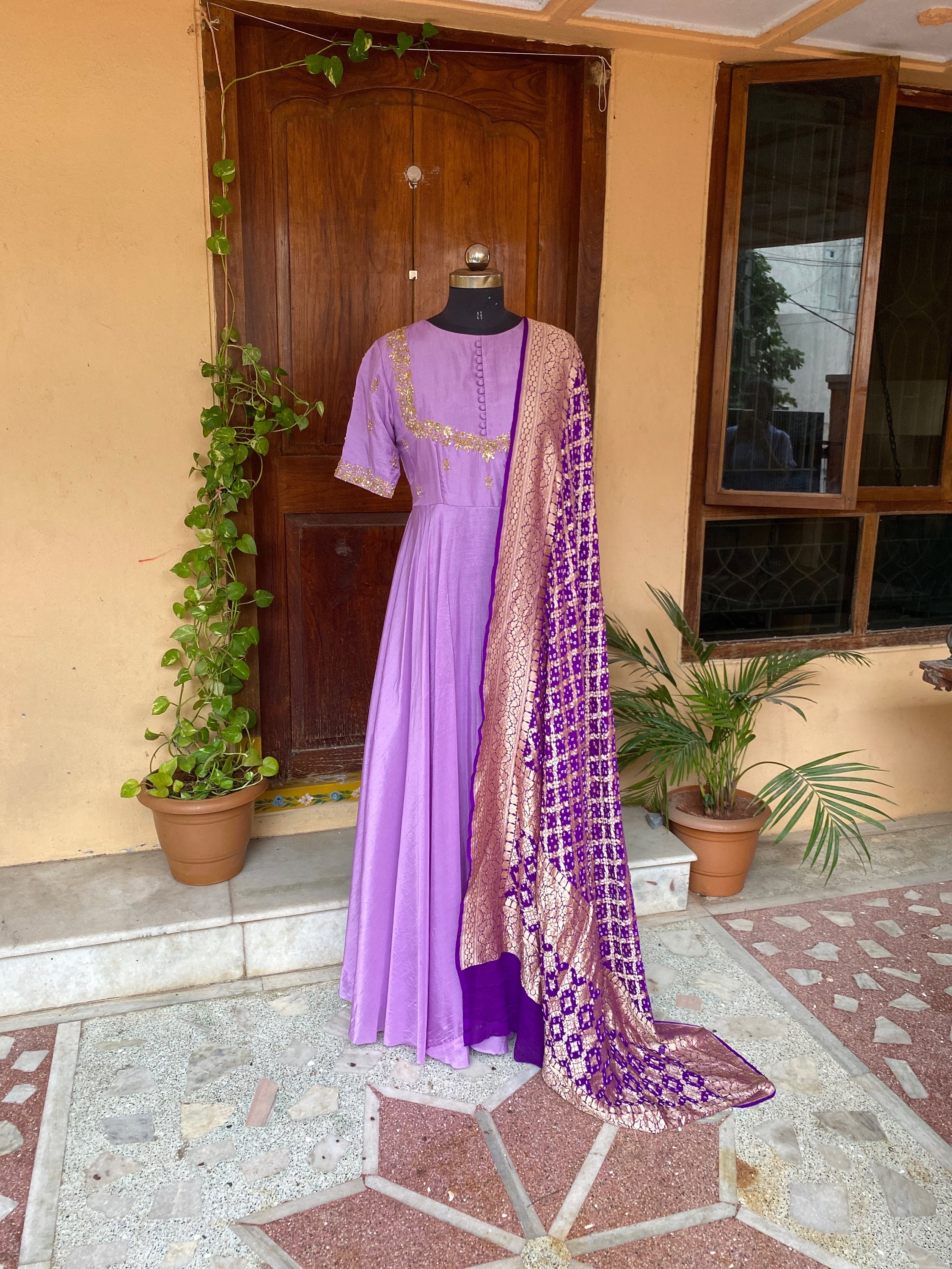 purple bandhani dress Bandhani Print Purple Color Dress For Durga Pooja