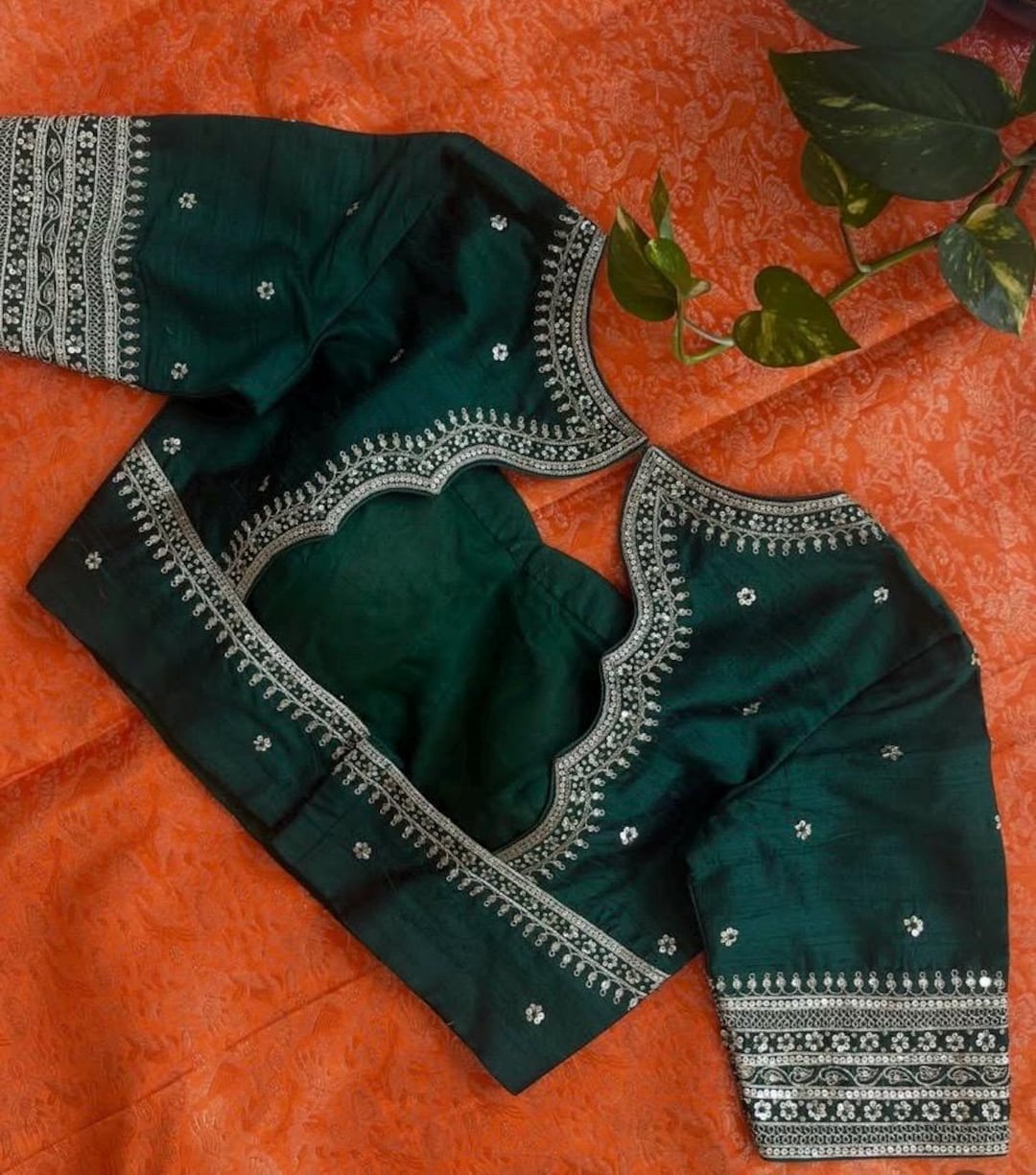 Bottle Green Silk Hand Embroidery Blouse/saree Maggam Green Blouse