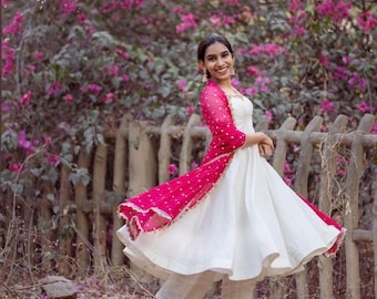 Hand embroidered Anarkali dress/cream anarkali suit set/white hand work anarkali with dupatta/white kurta/Anarkali with pants and dupatta