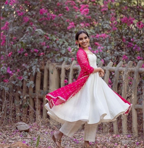 white embroidered anarkali dress White Mul Cotton Embroidered Anarkali Suit Set 2XL