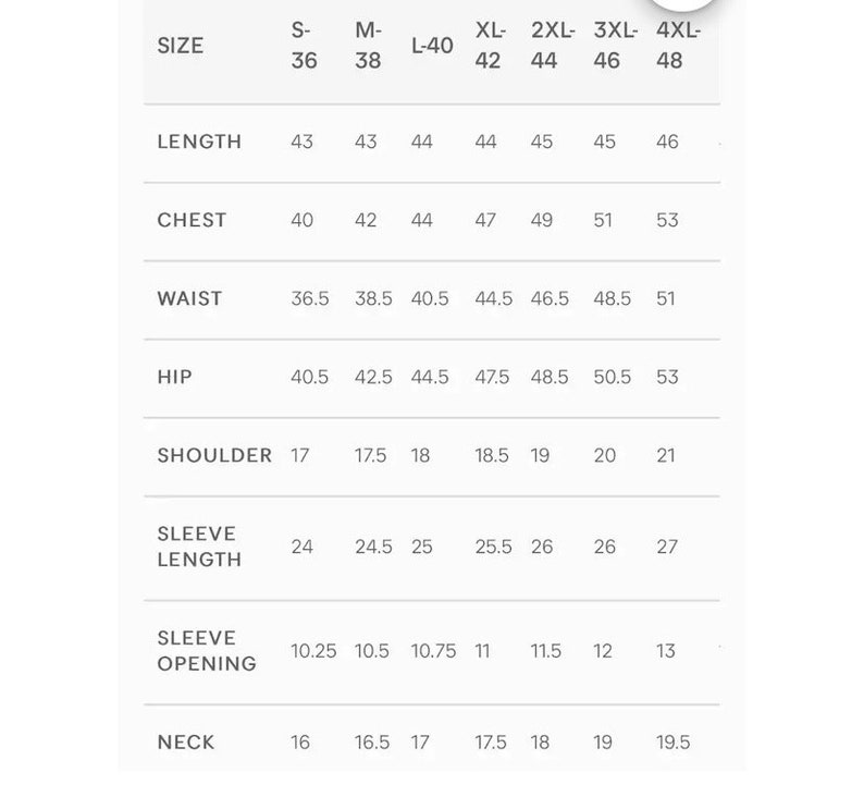 K&ouml;nnte beinhalten: Gr&ouml;&szlig;entabelle f&uuml;r Kleidung mit Ma&szlig;en in Zoll f&uuml;r verschiedene Gr&ouml;&szlig;en: S-36, M-38, L-40, XL-42, 2XL-44, 3XL-46, 4XL-48. Es werden Ma&szlig;e f&uuml;r L&auml;nge, Brustumfang, Taille, H&uuml;fte, Schulter, &Auml;rmell&auml;nge, &Auml;rmelaufschlag und Hals angegeben.