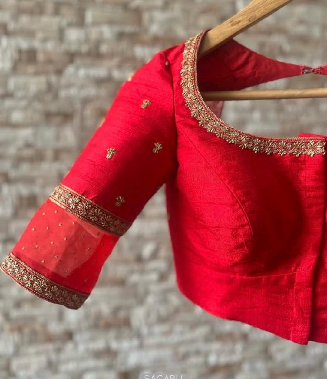 Red Habutai silk zardosi saree paired with white contrast blouse main image 1