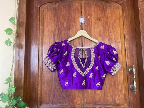 Purple Hand Embroidery Blouse/purple Maggam Blouse/puff Sleeve Zardosi  Blouse/hand Embroidered Blouse/ready Made Blouse Zardosi/blue Blouse - Etsy