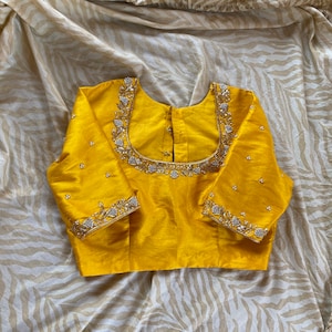 pure silk hand embroidery blouse  / saree maggam yellow blouse /yellow blouse/ hand embroidered blouse / ready made blouse zardosi/voggish