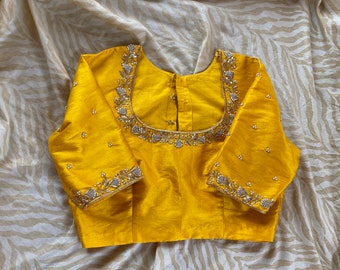 pure silk hand embroidery blouse  / saree maggam yellow blouse /yellow blouse/ hand embroidered blouse / ready made blouse zardosi/voggish