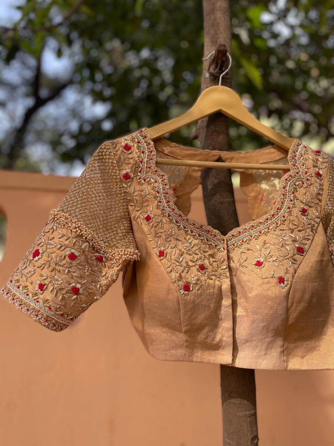 Hand Embroidered Zardosi Silk Blouse: Golden Beige Bridal Top