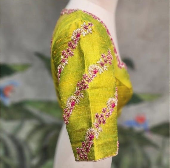 Hand Embroidered Zardosi Silk Blouse: Mehendi Green, Deep Neck
