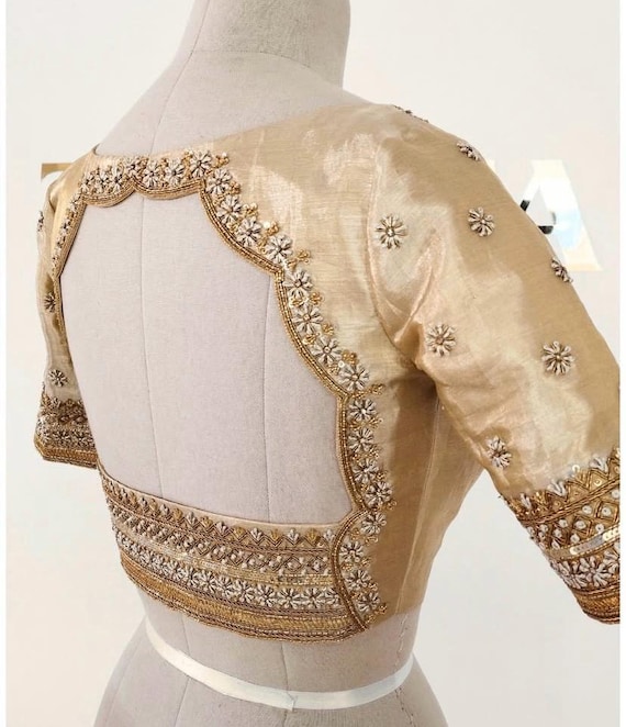 Hand Embroidered Zardosi Silk Blouse: Light Gold Maggam Work - Etsy
