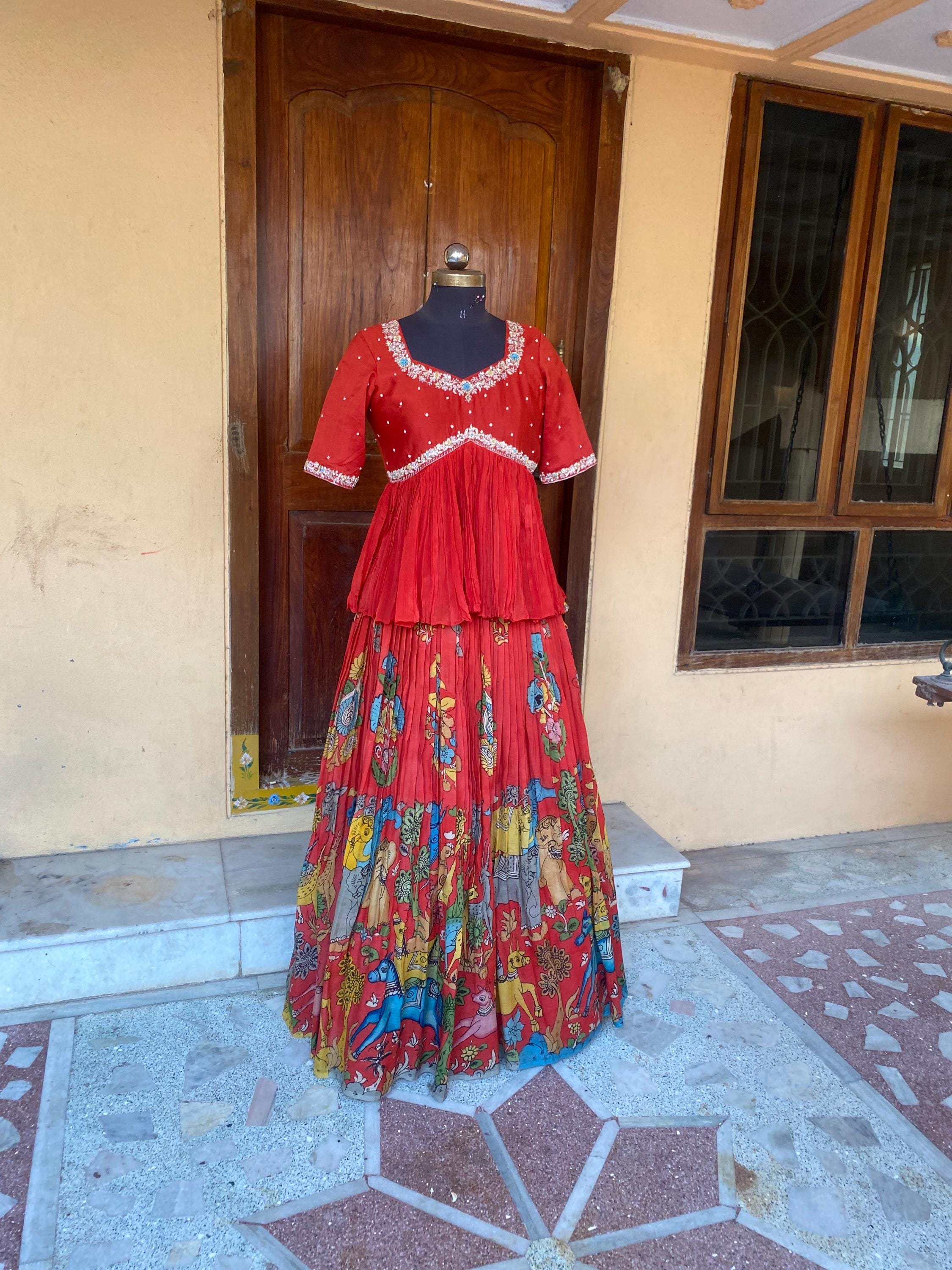 Reines Kalamkari Lehenga Set für Frauen/Crop Top Lehenga/Handbemaltes Lehenga USA/Hochzeit Lehenga USA/Kalamkari Lehenga Choli/ rot und blau