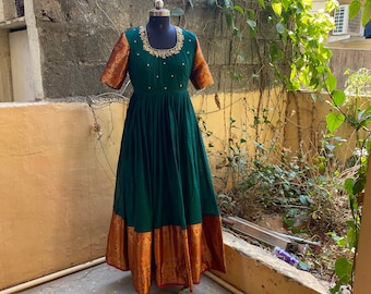 Green/ Magenta Long Pleated Flare Cotton Indian Traditional Narayanpet  Cotton Gown Dress With Elephant Border Summer Dress for Womens/ Girl - Etsy
