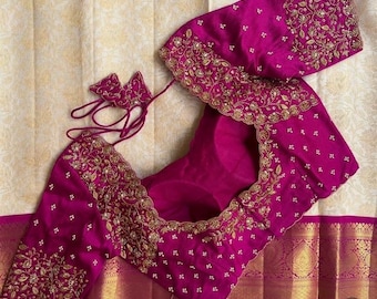 Magenta Pink Silk Hand Embroidered Blouse: Zardosi Wedding Sari