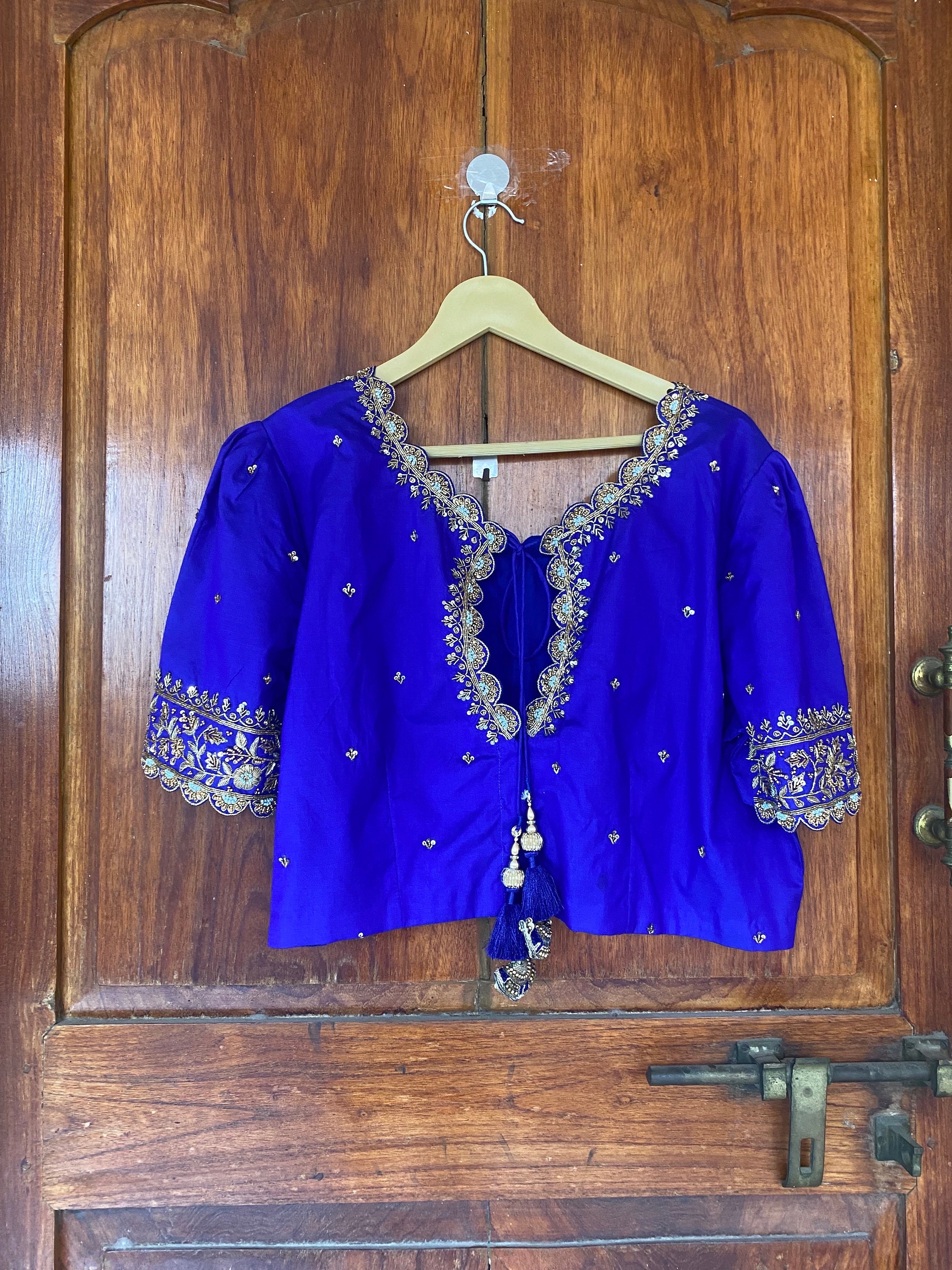 Pure Silk Hand Embroidery Blouse / Saree Maggam Blouse /navy Blue