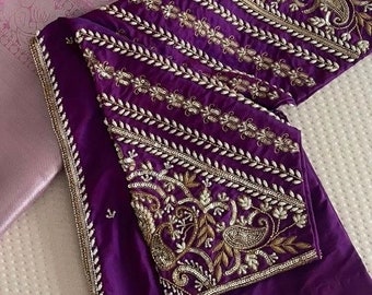 pure silk hand embroidery blouse/purple maggam blouse/purple hand embroidered blouse/purple ready made blouse zardosi/purple v neck blouse