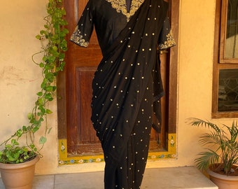 Black Georgette Saree: Hand Embroidered Buti, Zardosi Silk Blouse
