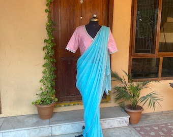 Blue mirrior work saree | silk saree with mirror work blouse |sequin saree | party saree blouse |sarees USA | modern saree hand work blouse
