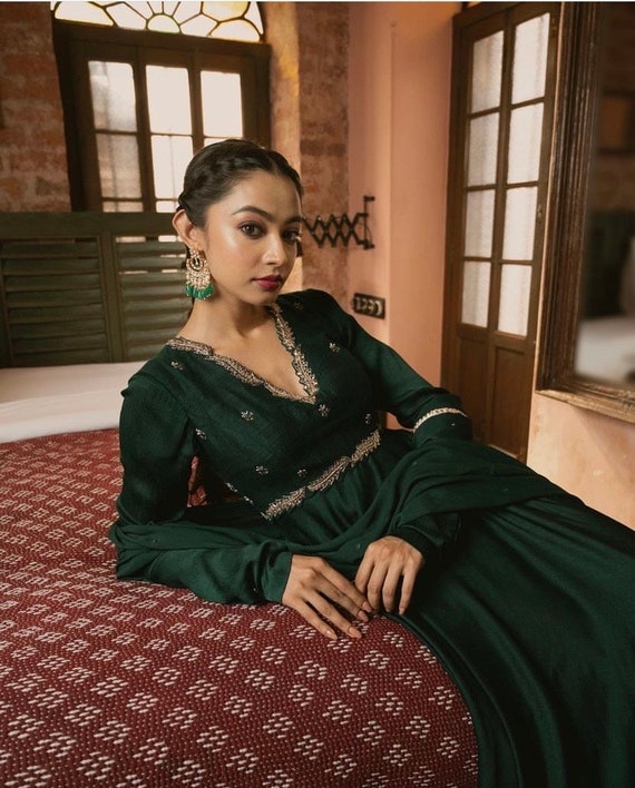 bottle green anarkali dress Silk Velvet