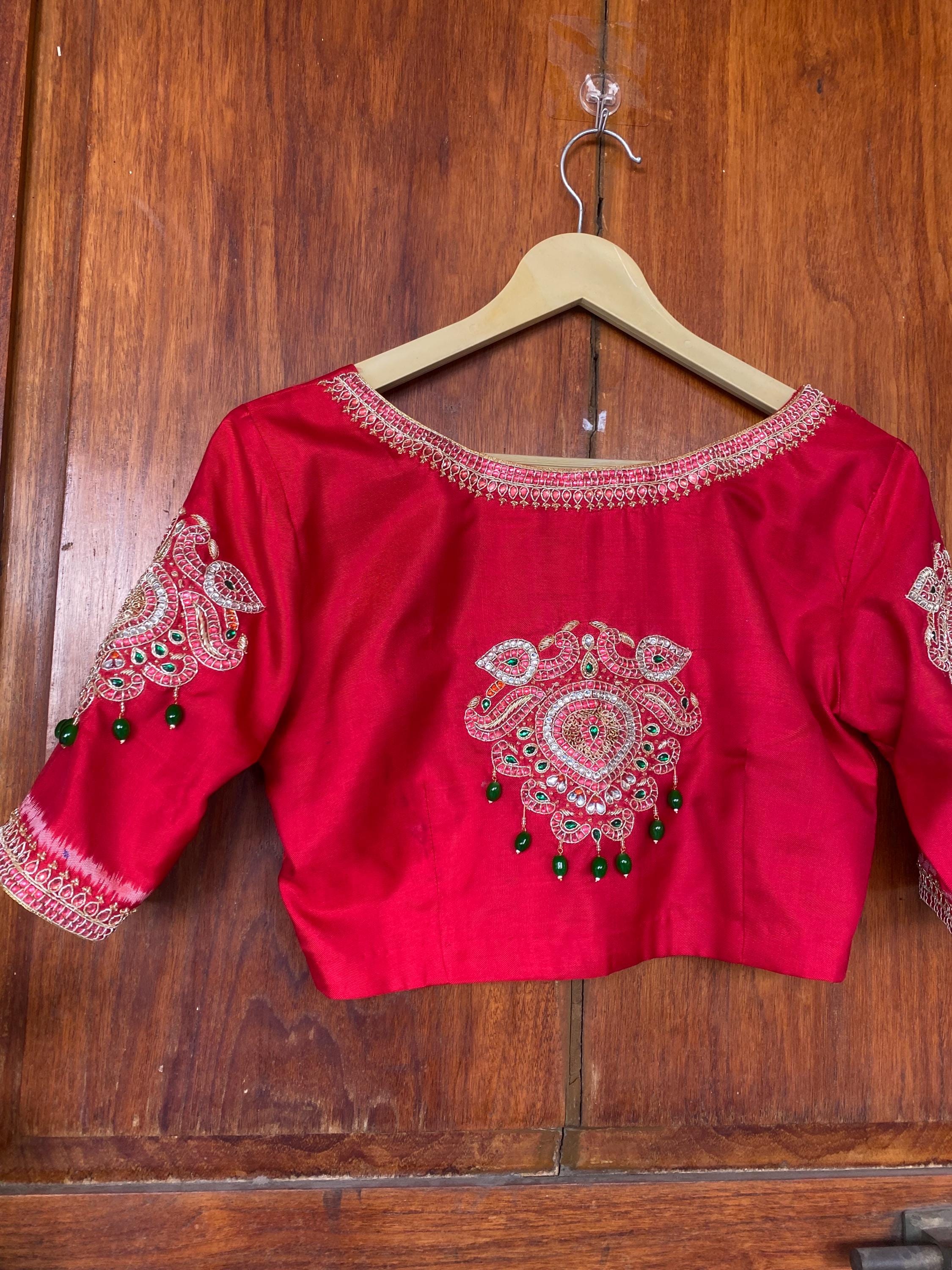 Pure Silk Hand Embroidery Blouse/saree Maggam Blouse/red Kundan