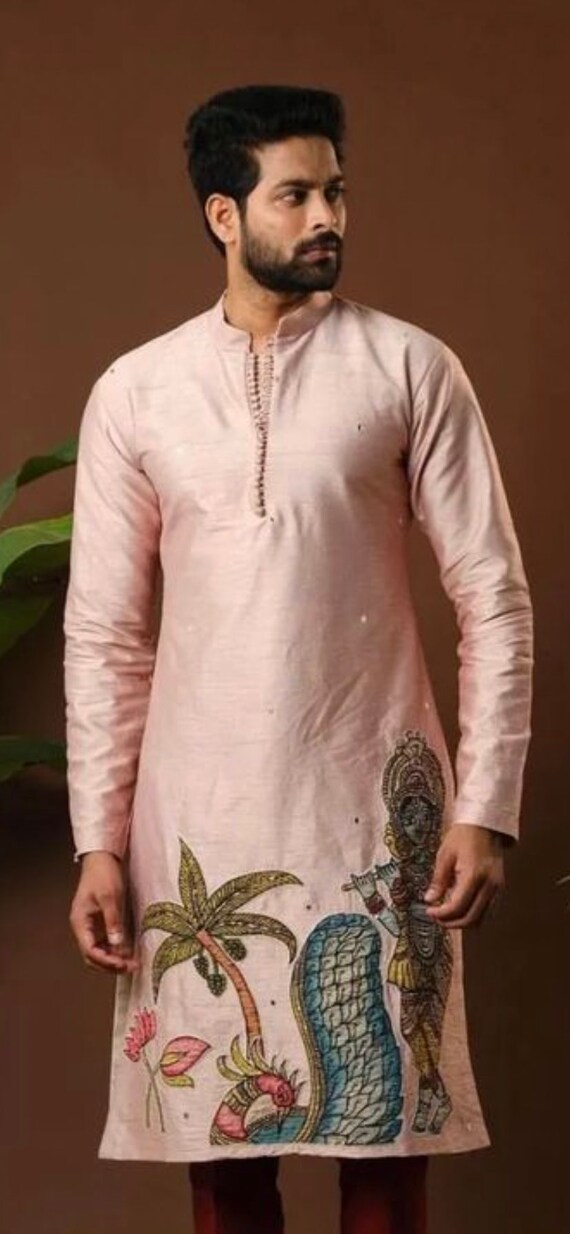 pure silk kalamkarimens kurta/mens kurta set/cream mens kurta /white mens kurta/Indian mens wear/chikankari kurta/groom wedding indian kurta