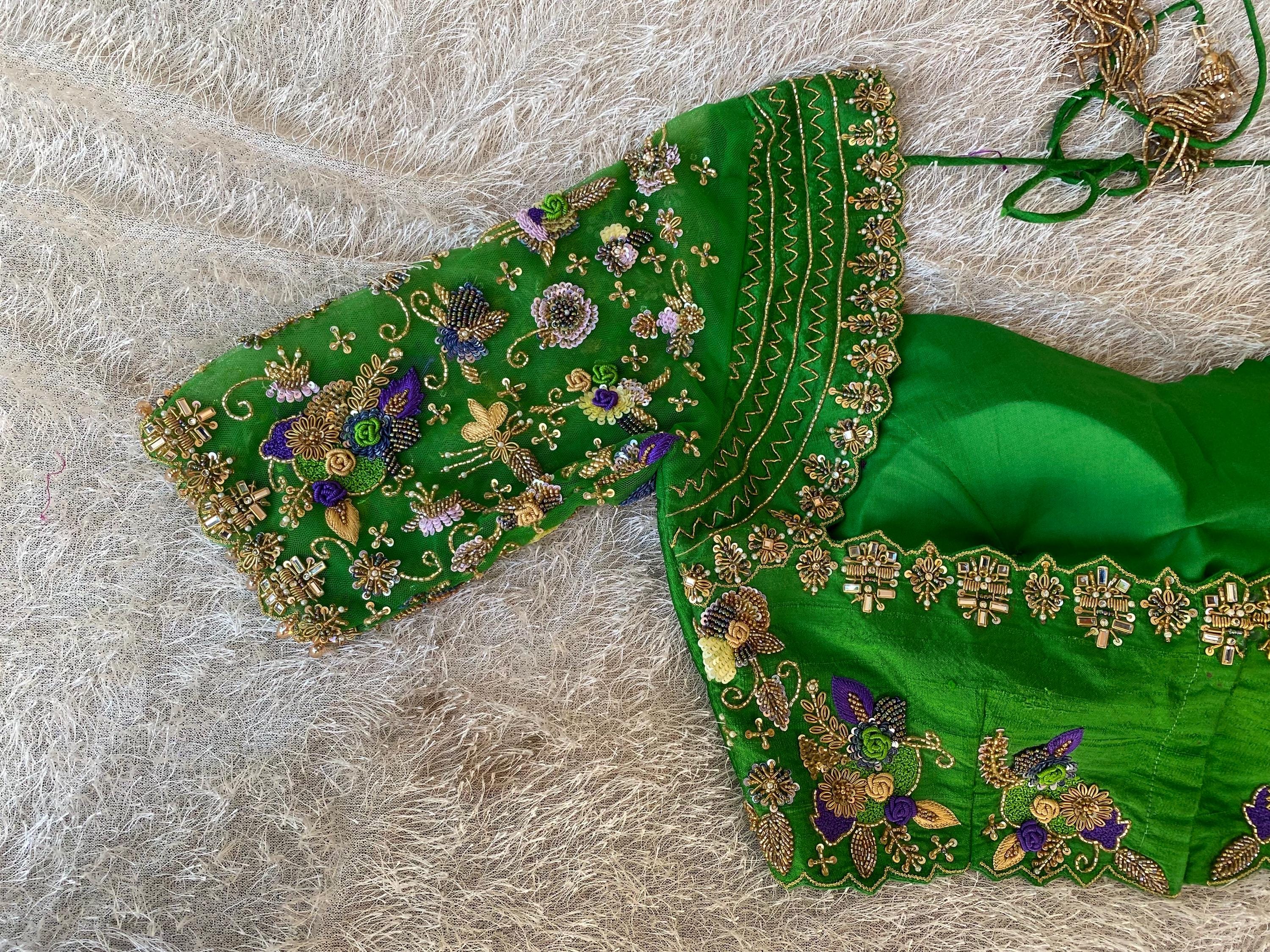 Hand Embroidered Raw Silk Blouse: Zardosi Parrot Green Saree Top Hand Embroidered Raw Silk Blouse: Zardosi Parrot Green Saree Top
