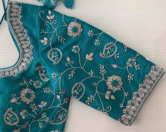Pure Silk Hand Embroidery Blouse/saree Maggam Blouse/blue Zardosi