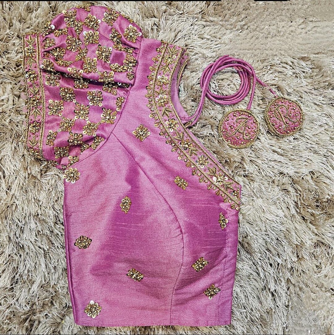 Purple thread embroidered front-and-back round elbow-sleeve readymade blouse
