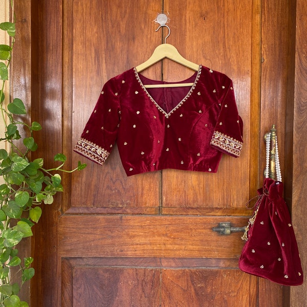 Red velvet ready made saree blouse USA / burgundy red crop top/ velvet stitched saree blouse / saree blouse USA / designer maroon red blouse