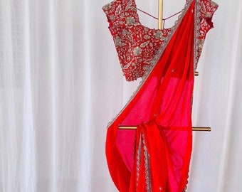 pure silk red sari set with hand embroidery blouse/saree with maggam blouse/red saree red zardosi blouse/hand embroidered red saree  blouse