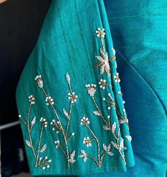 Pure Silk Hand Embroidery Blouse/green Saree Maggam Blouse/sea