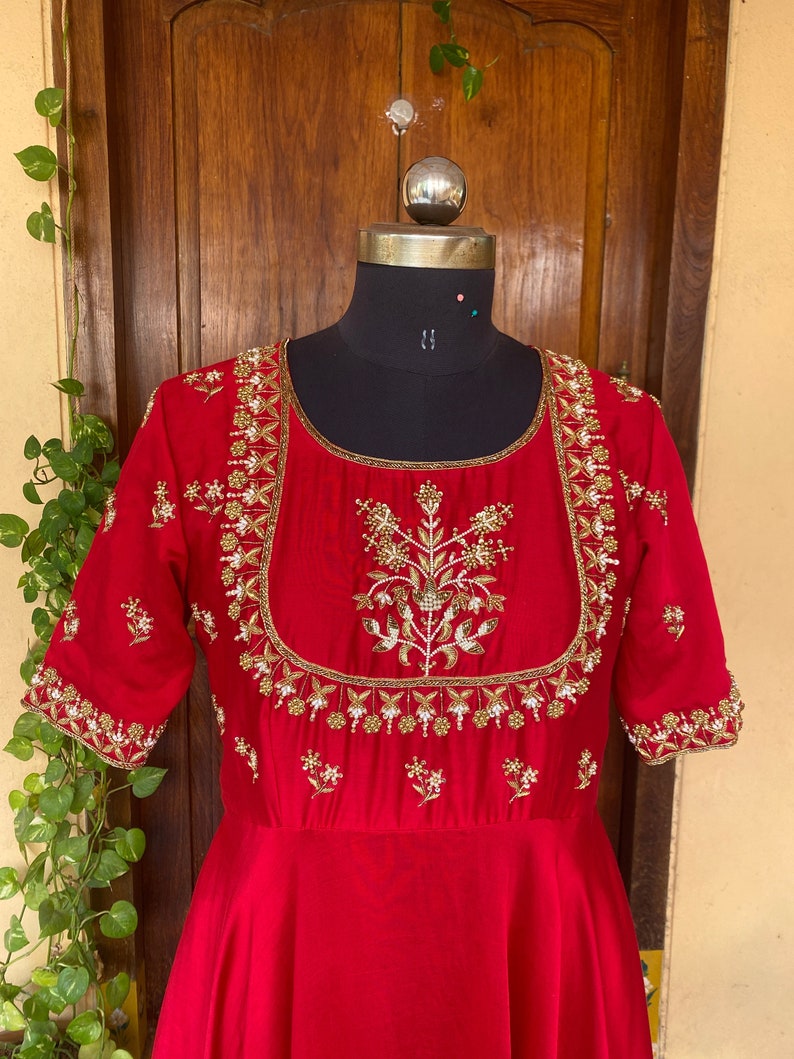 Made to Measure Red Anarkali Bohemian Printed Dress with Net Red Dupattta
