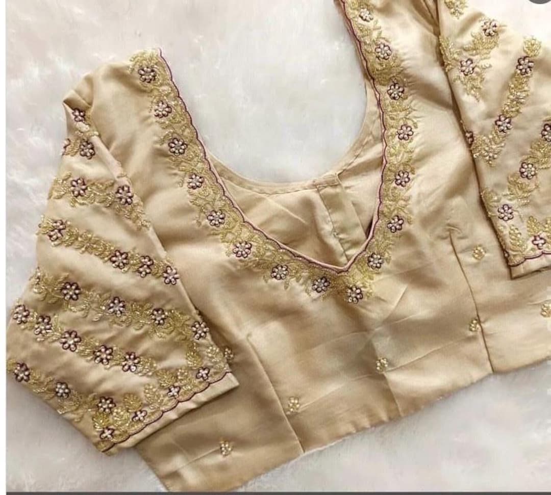 Hand Embroidered Silk Saree Blouse: Beige Zardosi Maggam Work - Etsy