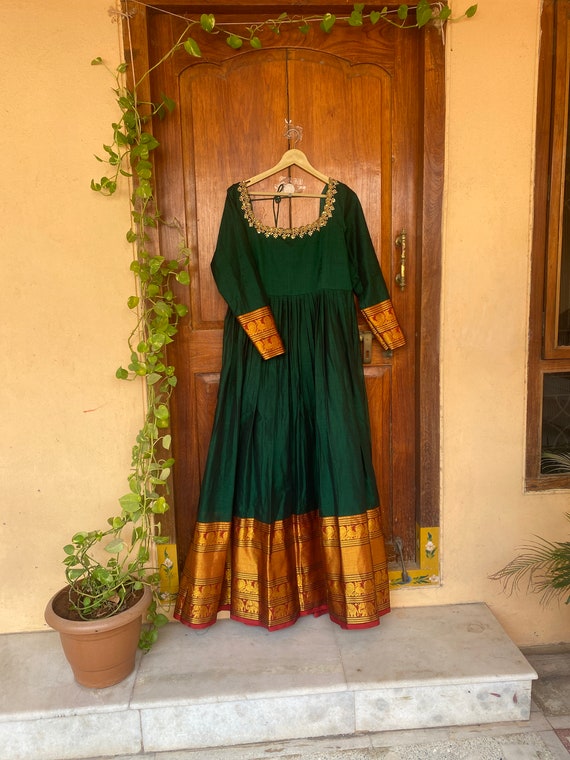 Handloom Narayanpet Anarkali Dress: Green Cotton Kurta With Embroidered  Border - Etsy Canada