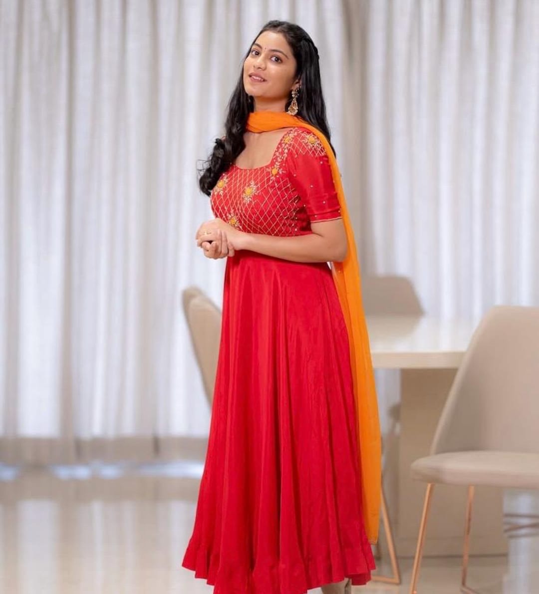 red anarkali dress Elegant Suit with Dupatta  Cholimarket Net Pattern Hand Embroidered Red Silk Anarkali