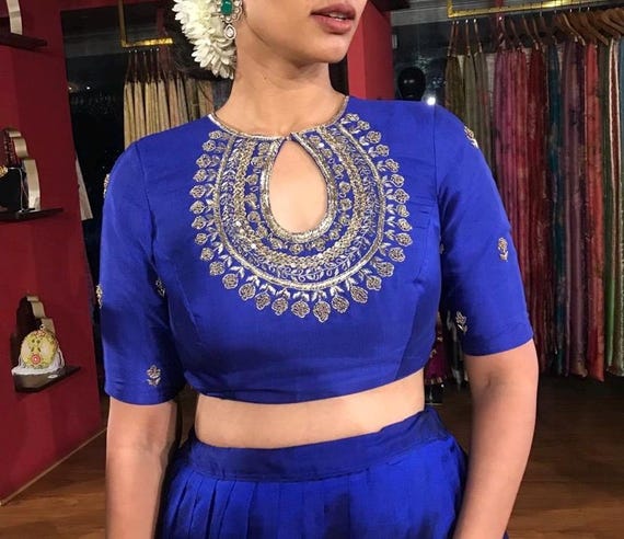 Pure Silk Hand Embroidery Blouse/saree Maggam Blouse/blue Zardosi