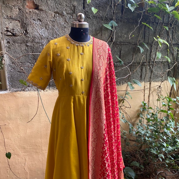 red and yellow dress combination Kurti Yellow Dress With Red Dupatta Mustard Yellow Party Wear Embroidered Cotton Kurti Pant Set With